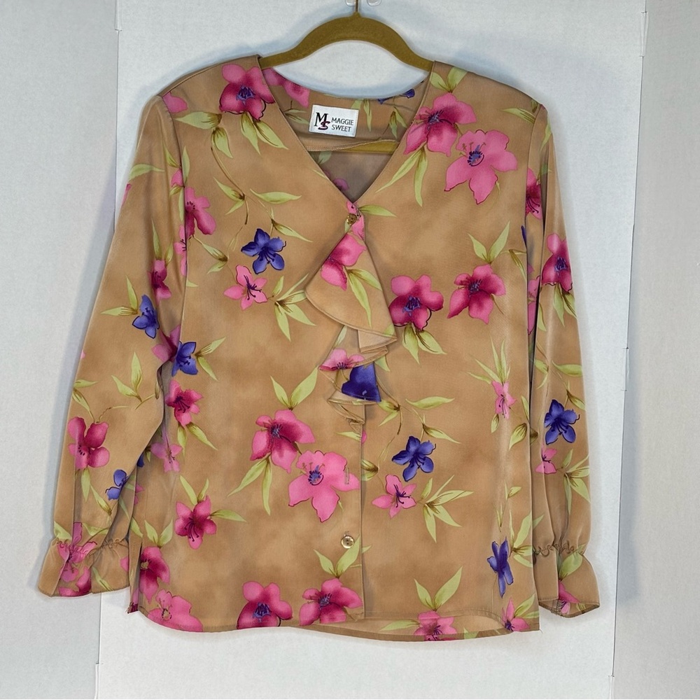 Maggy London Tan Floral Ruffle-Front Blouse with Pink & Purple Flowers